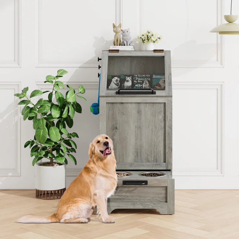Dog Feeding Station with Hidden Pet Feeding Station, Flip-Type Food Storage Cabinet