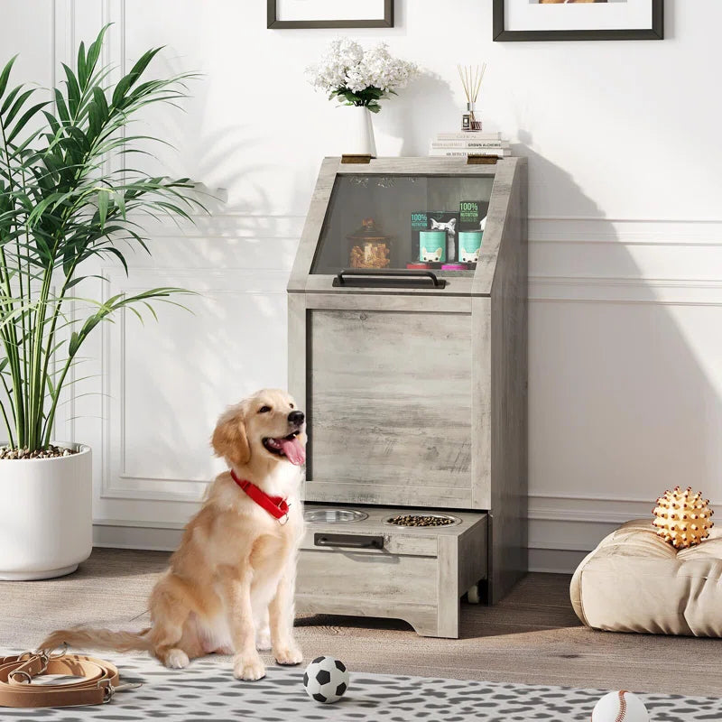 Dog Feeding Station with Hidden Pet Feeding Station, Flip-Type Food Storage Cabinet