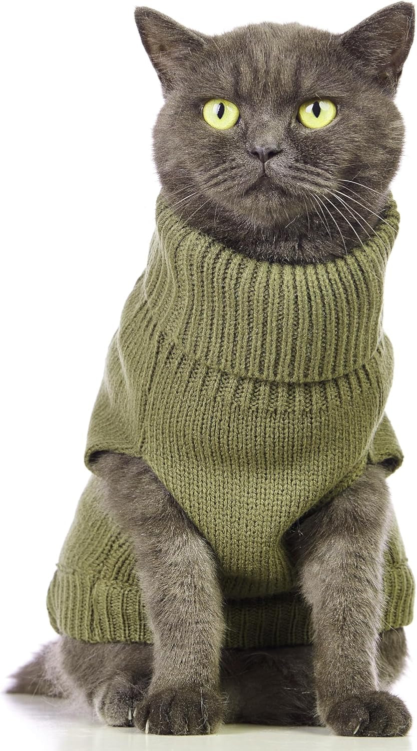 Stretchy Cat Sweater - 17 Colors & 6 Sizes | Snug Winter-Ready Knit for Boy/Girl Cats & Kittens(Olive Green, Medium)