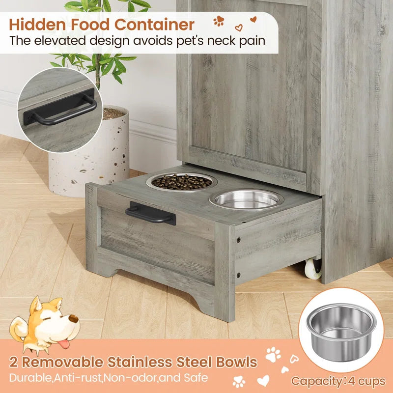 Dog Feeding Station with Hidden Pet Feeding Station, Flip-Type Food Storage Cabinet