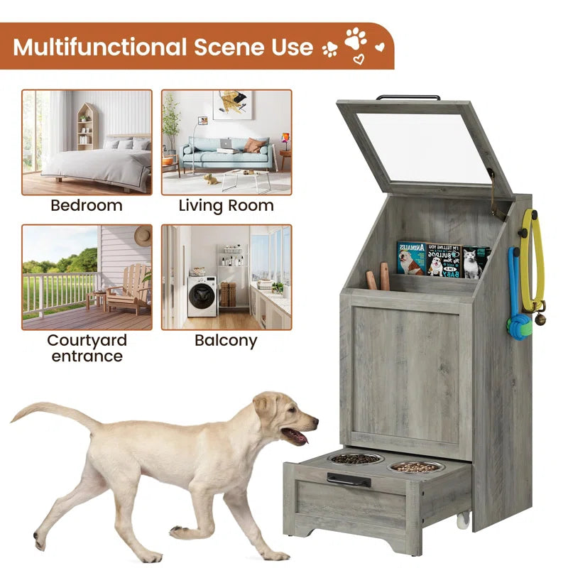 Dog Feeding Station with Hidden Pet Feeding Station, Flip-Type Food Storage Cabinet
