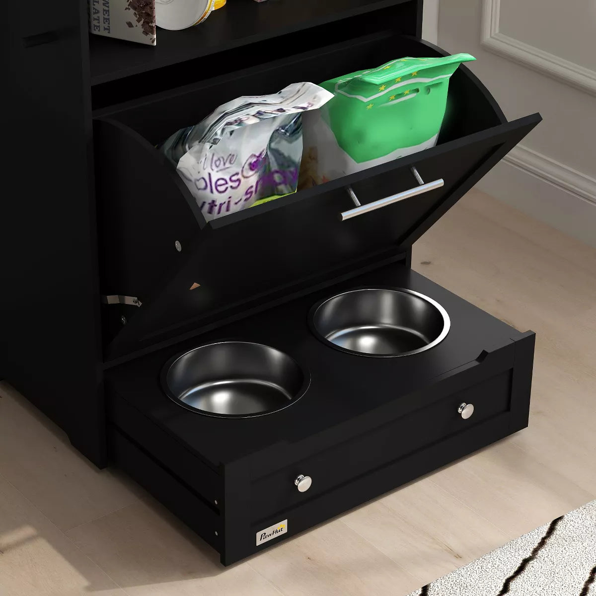 Pawhut Pet Feeder Station Storage Cabinet, Dog Food Storage Container with Dog Raised Bowls and Hanger for Feeding & Watering Supplies, White