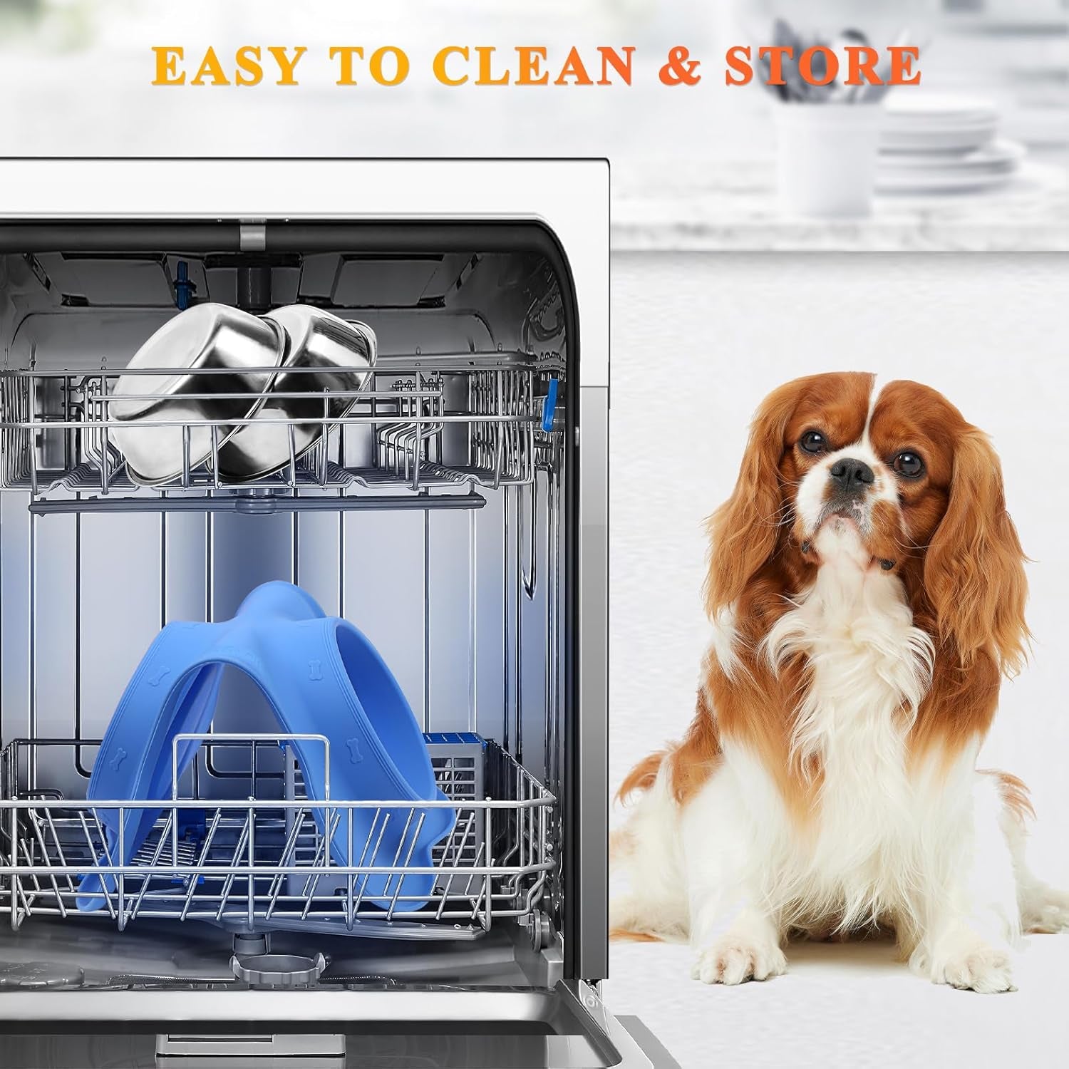 Dog Bowls, Dog Food Bowls, Stainless Steel Cat Puppy Water Bowls with Non Spill Skid Resistant Silicone Mat, Large, Blue