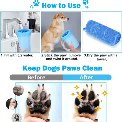 Portable Dog Paw Washer Set: Silicone Muddy Dog Paw Cleaner Cup with 3Pcs Absorbent Towels and Adjustable Dog Bath Brush - Pet Paw Cleaner for Large Medium Dog