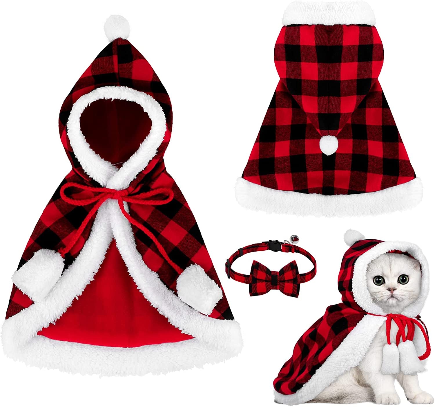 Christmas Cat Dog Costume Red Black Buffalo Plaid Pet Santa Cape with Xmas Hat Cat Collars with Bell and Bowtie Cats Cloak Pet Costume for Party Cosplay Christmas Pets Dress up (Medium)